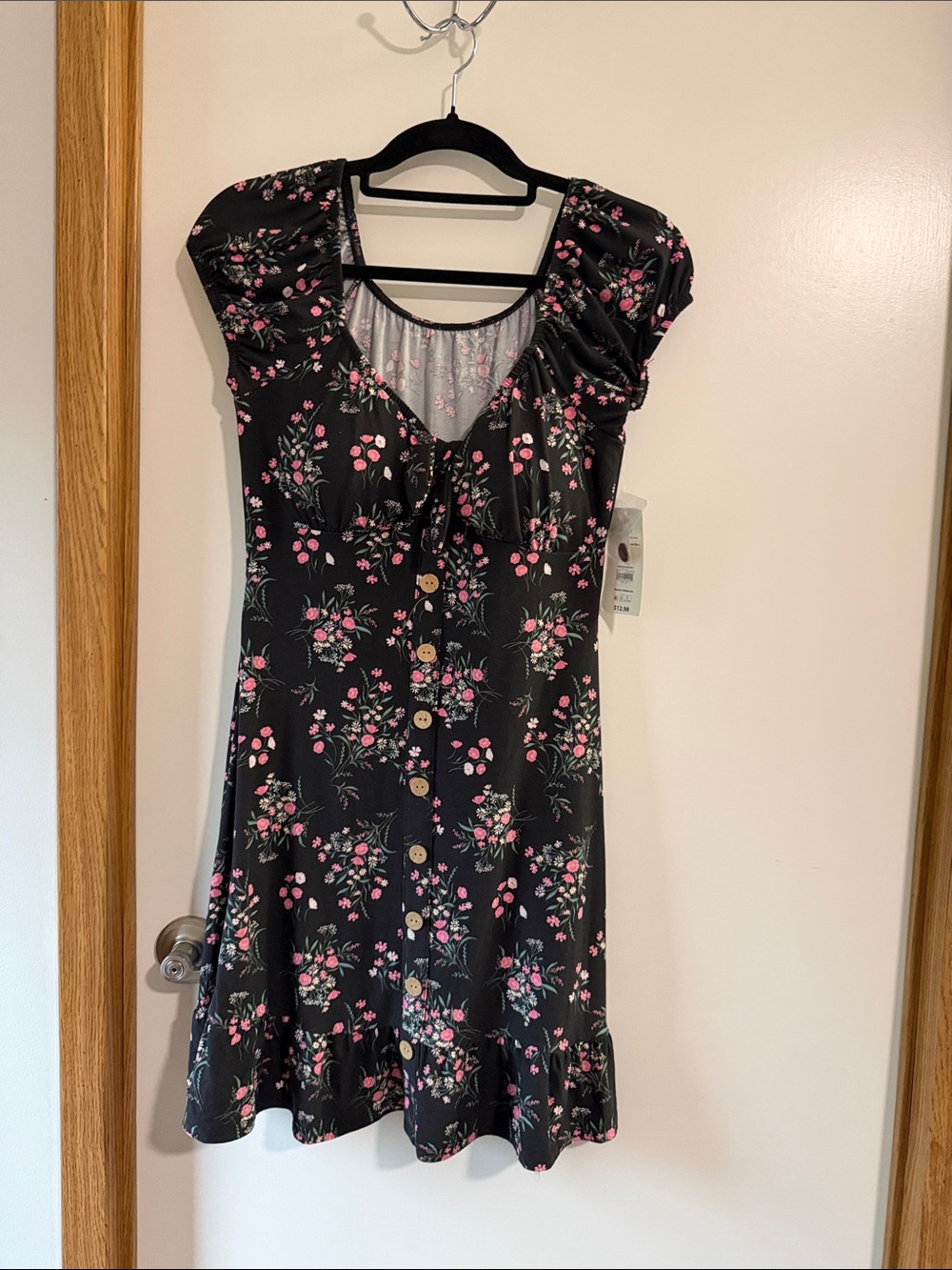 No Boundaries Black Mini Dress with Pink Floral Print
